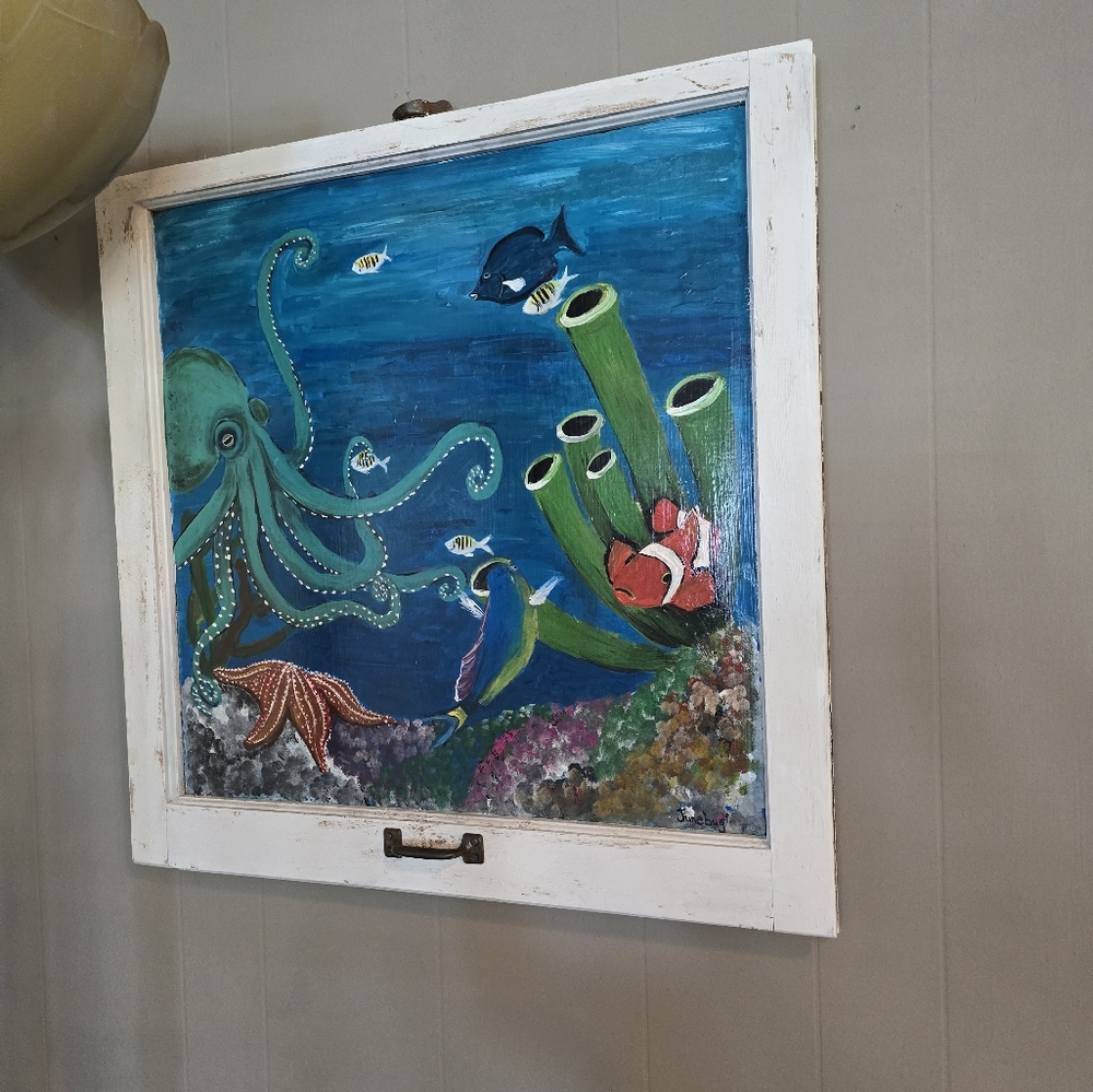 Window Frame Acrylic Painting "Sea Life"